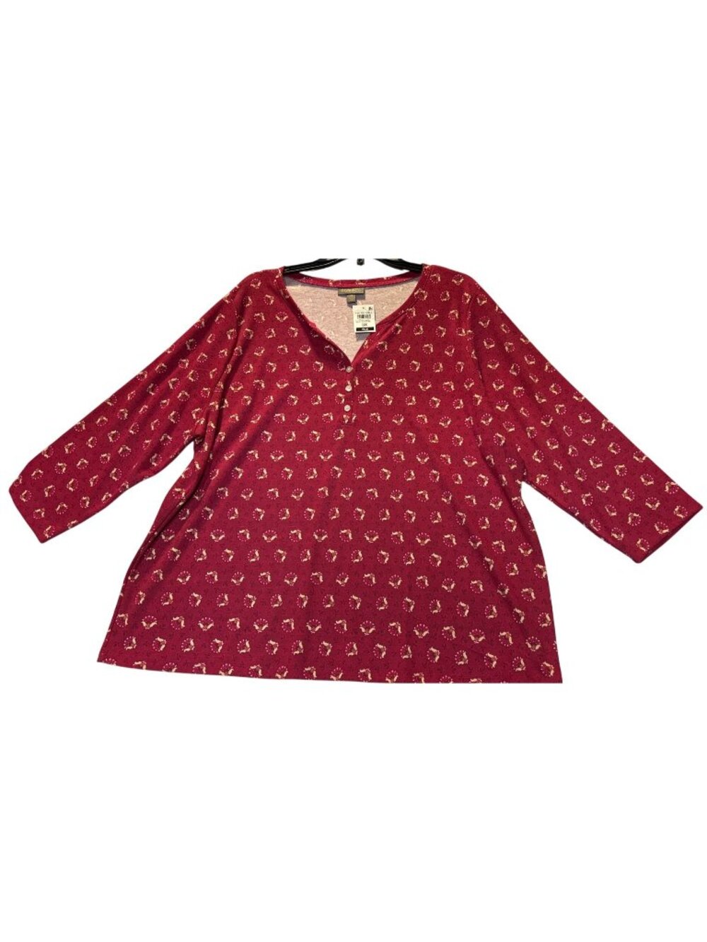 Style & Co Plus Size 3X Womens Henley Top In Berry Bloom Pattern Long Sleeve Cot
